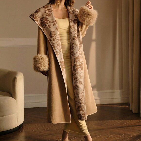 Khaki Elegant Women's Floral Print Patchwork Faux Fur Trim Overcoat - Picture 5 of 6